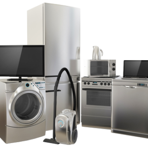 A silver fridge an oven and dryer lined up side by side on white background